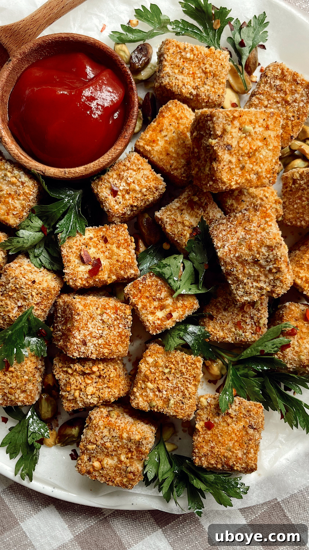 Crispy oven-baked tofu nuggets with a vibrant pistachio crust, served on a white plate with dipping sauce
