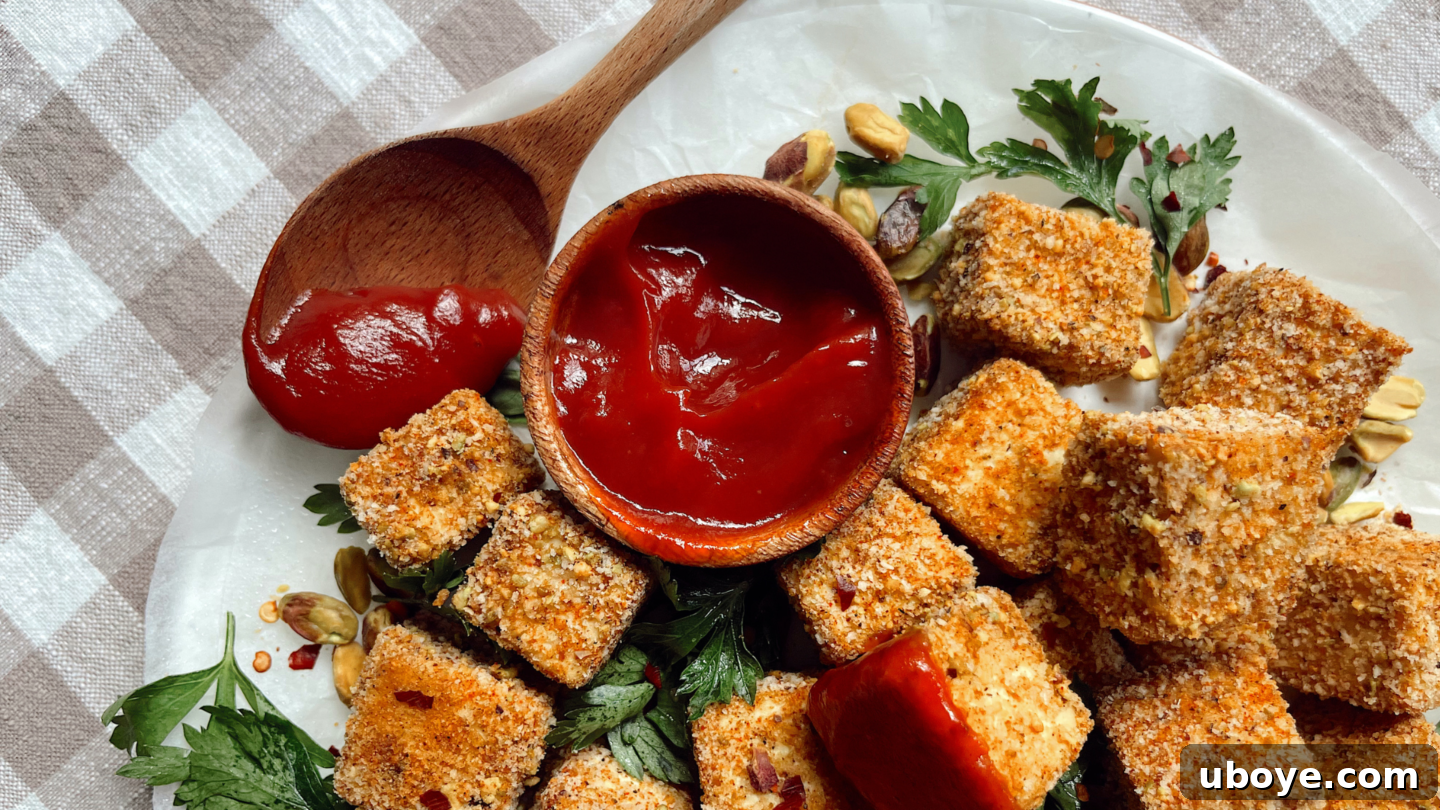 Close-up of a perfectly baked, crispy Pistachio Tofu Nugget, showcasing its golden crust and delicious texture