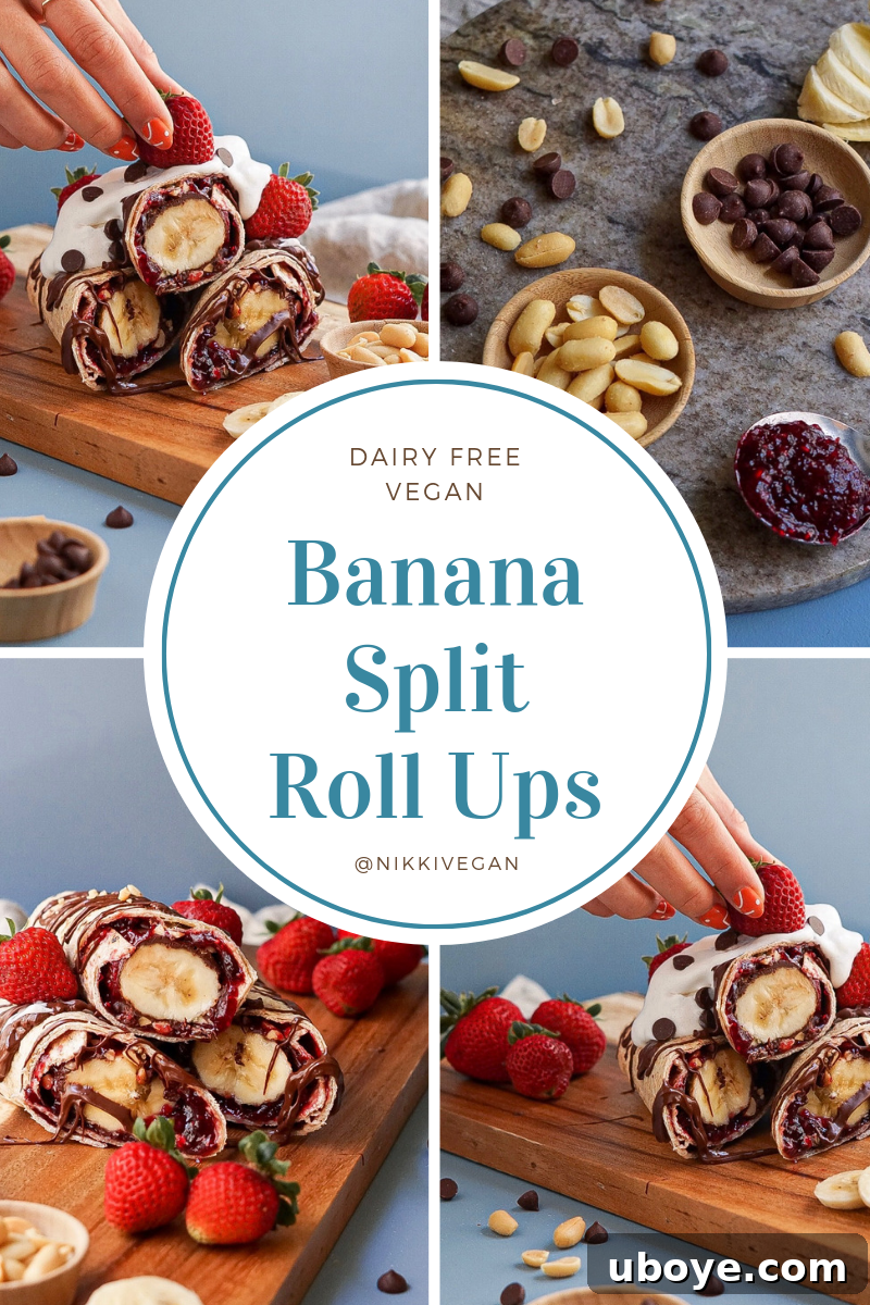 Banana Split Swirls 9 A high-quality, artfully styled photograph of a finished Vegan Banana Split Roll-Up, generously topped with whipped cream and a delicate chocolate drizzle.