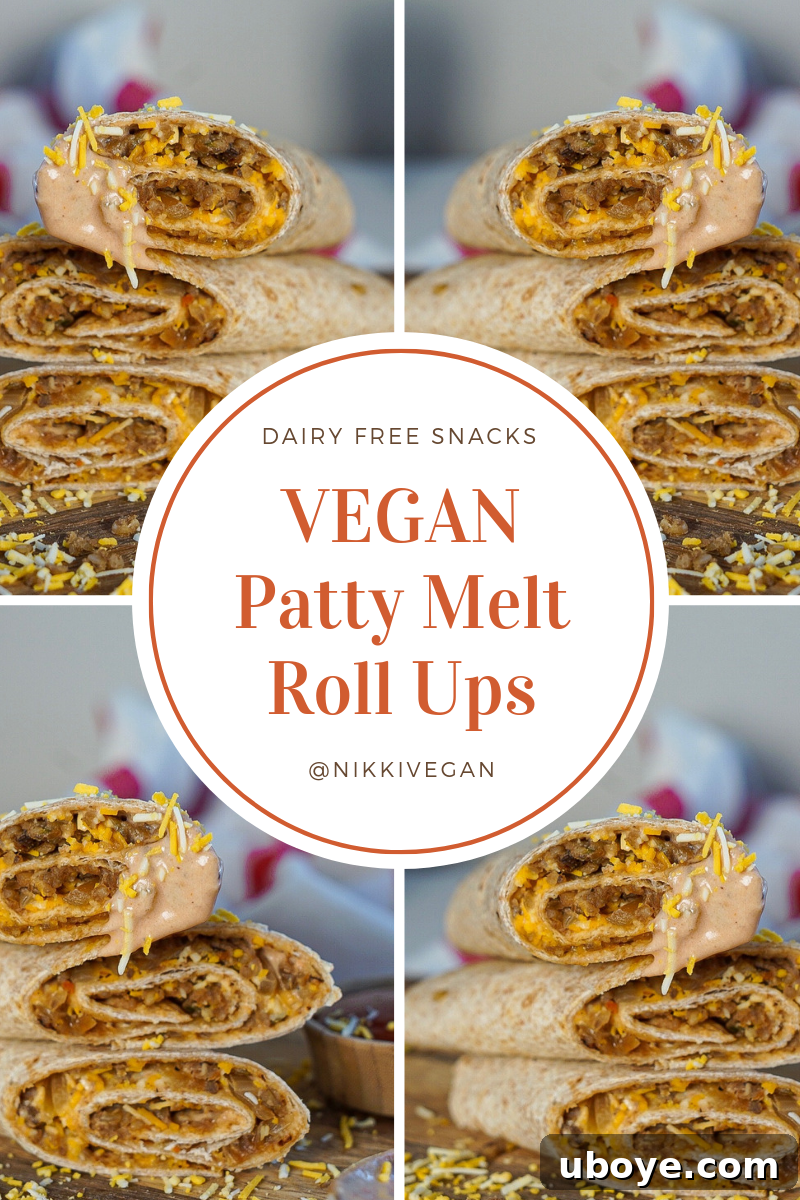 Close-up of a beautifully plated vegan patty melt roll-up, sliced and ready to serve