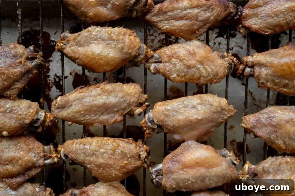 Crispy Baked Buffalo Wings 9 Seasoned chicken wings ready for baking on a wire rack