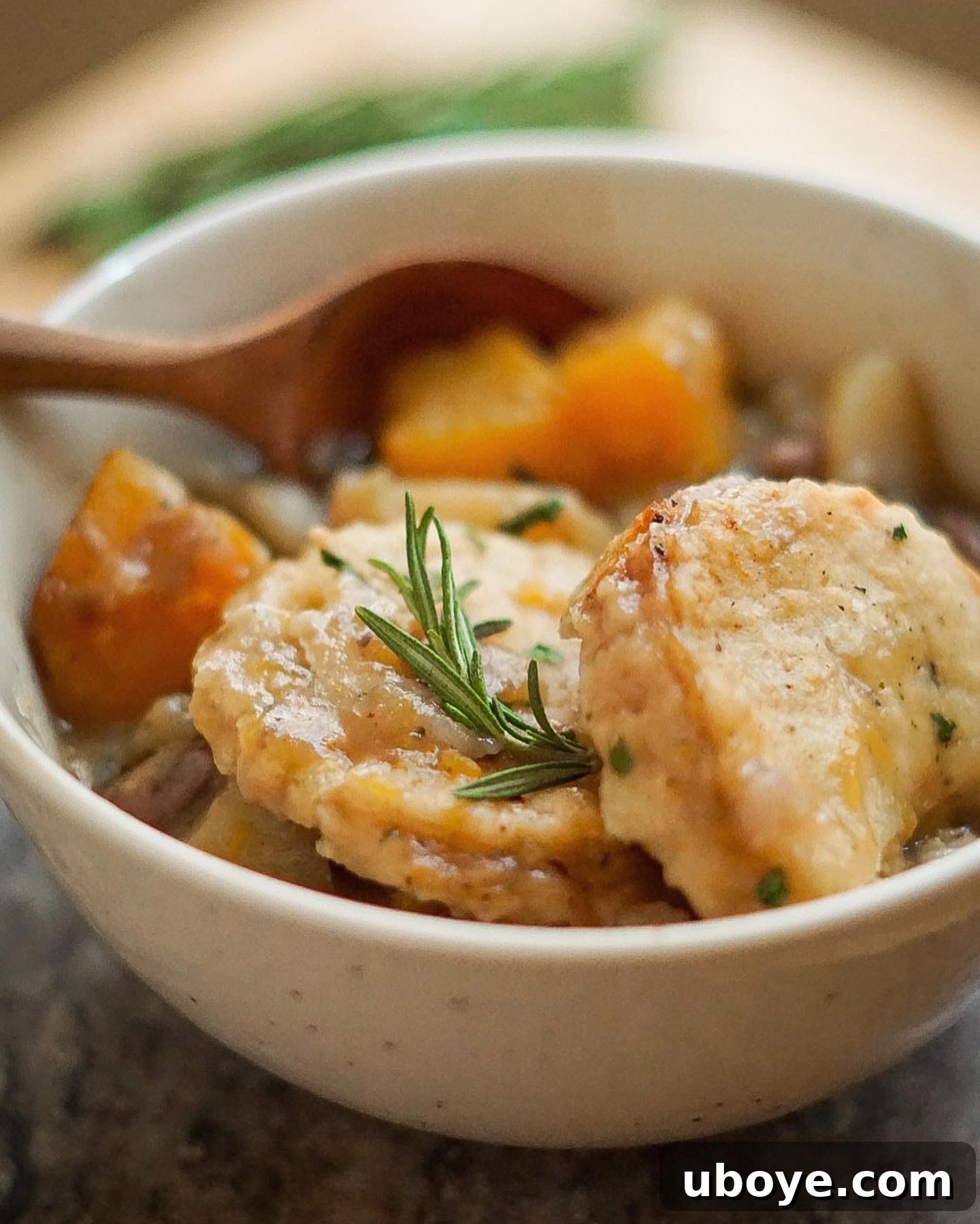 A comforting bowl of pumpkin and potato stew, served with a side of rosemary biscuits.