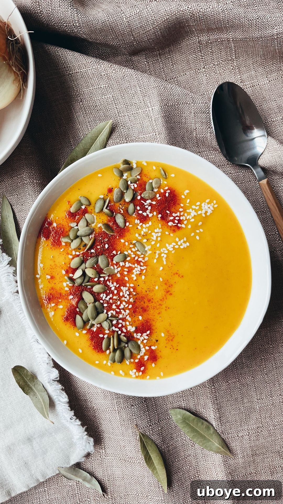 A vibrant bowl of creamy butternut squash soup, garnished with pumpkin seeds and a swirl of cream, invitingly served.