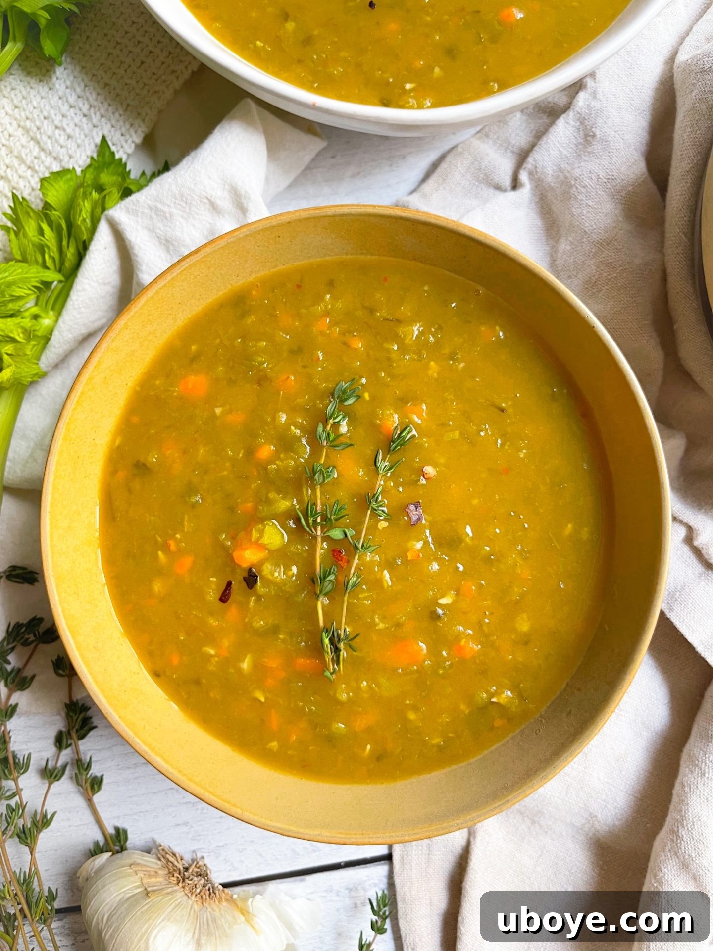Hearty split pea soup in a rustic bowl, perfect for a warming meal.