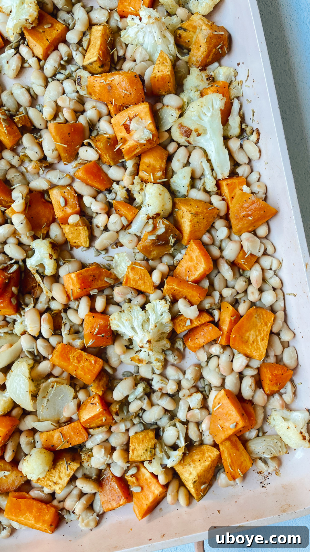 Close-up of baked sweet potatoes and white beans on a tray