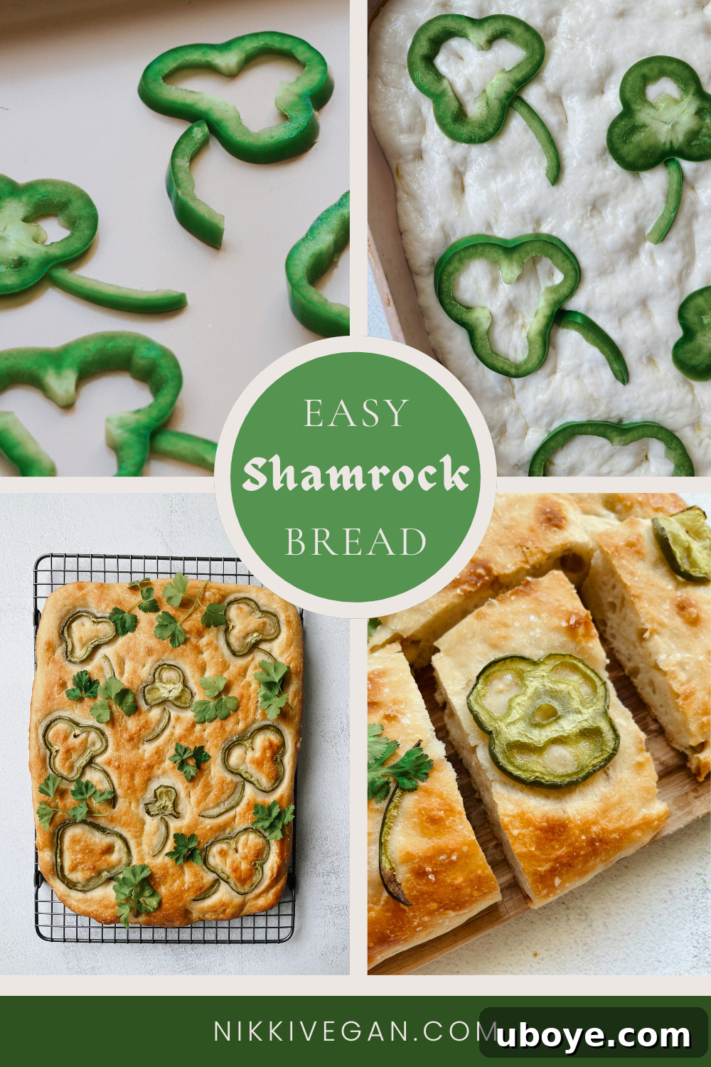 Close-up of vibrant green bell pepper shamrocks on golden focaccia