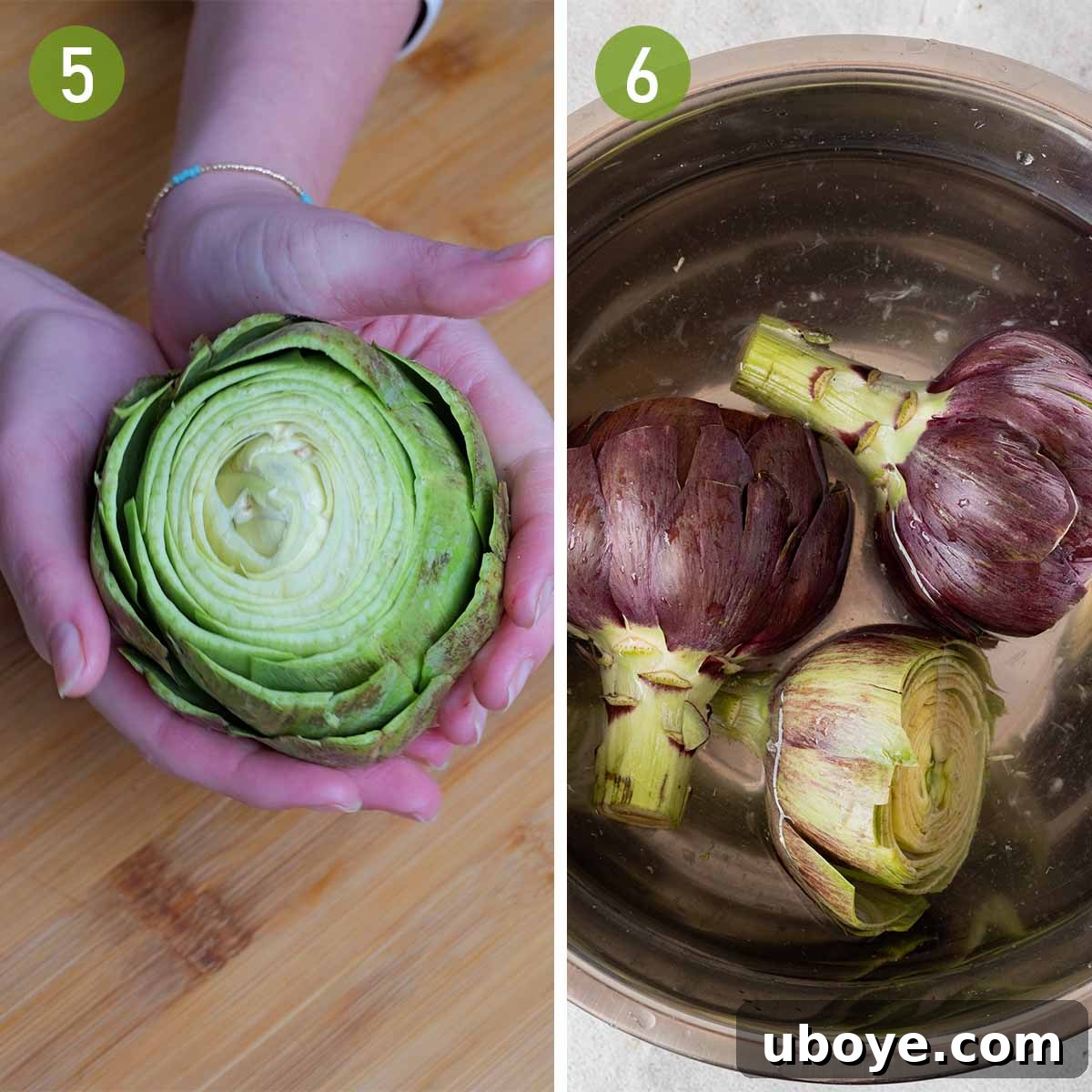 Baked Parmesan & Herb Stuffed Artichokes 5 Holding a trimmed artichoke and soaking prepared artichokes in lemon water.