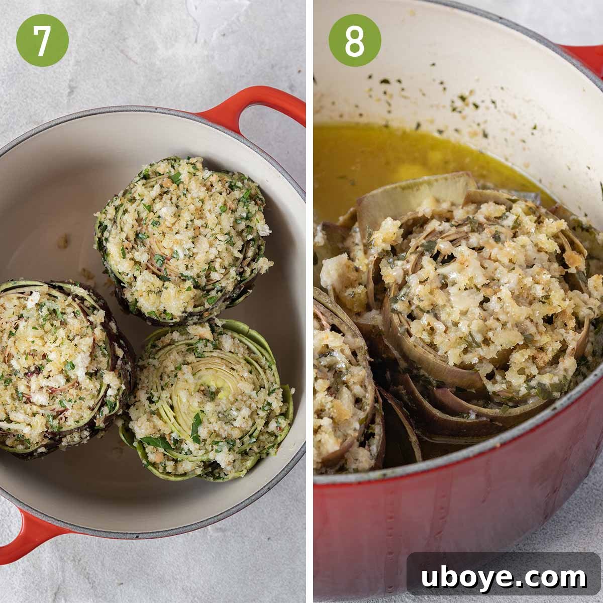 Baked Parmesan & Herb Stuffed Artichokes 6 Stuffing artichokes with breadcrumb mixture and simmering in a pot with chicken broth.