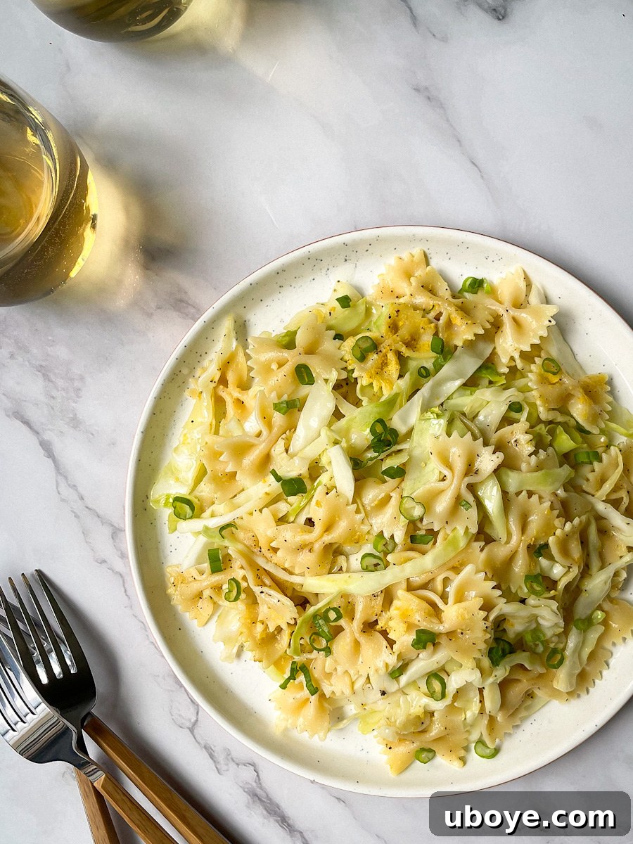 Homestyle Polish Cabbage and Noodles 2 A large pot of Polish-style Cabbage and Noodles ready to be served, garnished with fresh herbs.