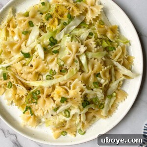 Homestyle Polish Cabbage and Noodles 4 A top-down view of the Polish Cabbage and Noodles dish with tofu and herbs.