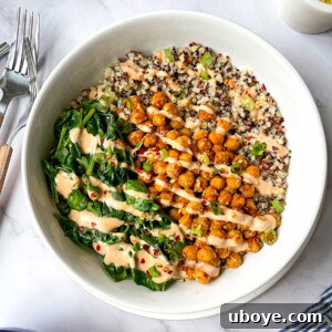 A close-up of the finished Quinoa Protein Bowl