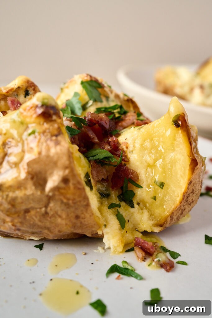 Creamy Garlic Baked Potatoes 2 Garlic and Cream Cheese Baked Potatoes, freshly baked and golden