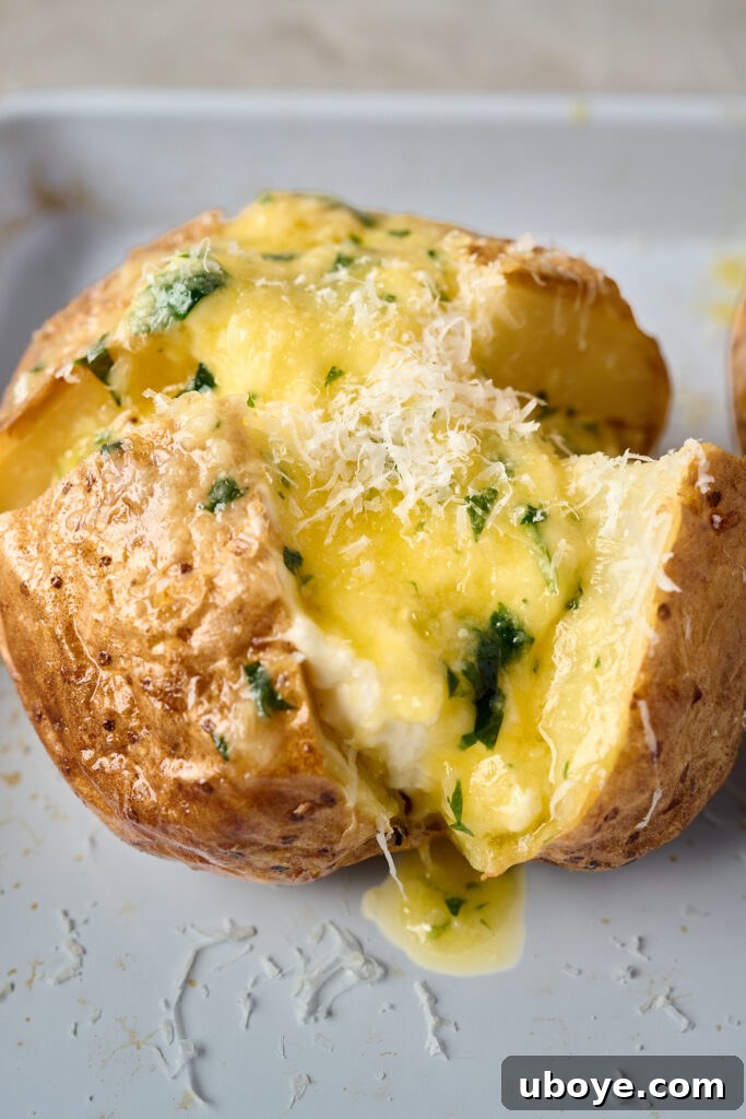 Creamy Garlic Baked Potatoes 9 Various stuffed baked potato halves on a serving platter