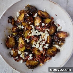 Crispy Brussels Sprouts with Bacon in a serving bowl.