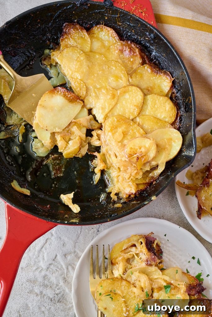 Heavenly Brie Potato Gratin 4 Layers of potatoes, brie, and caramelized onions in a baking dish
