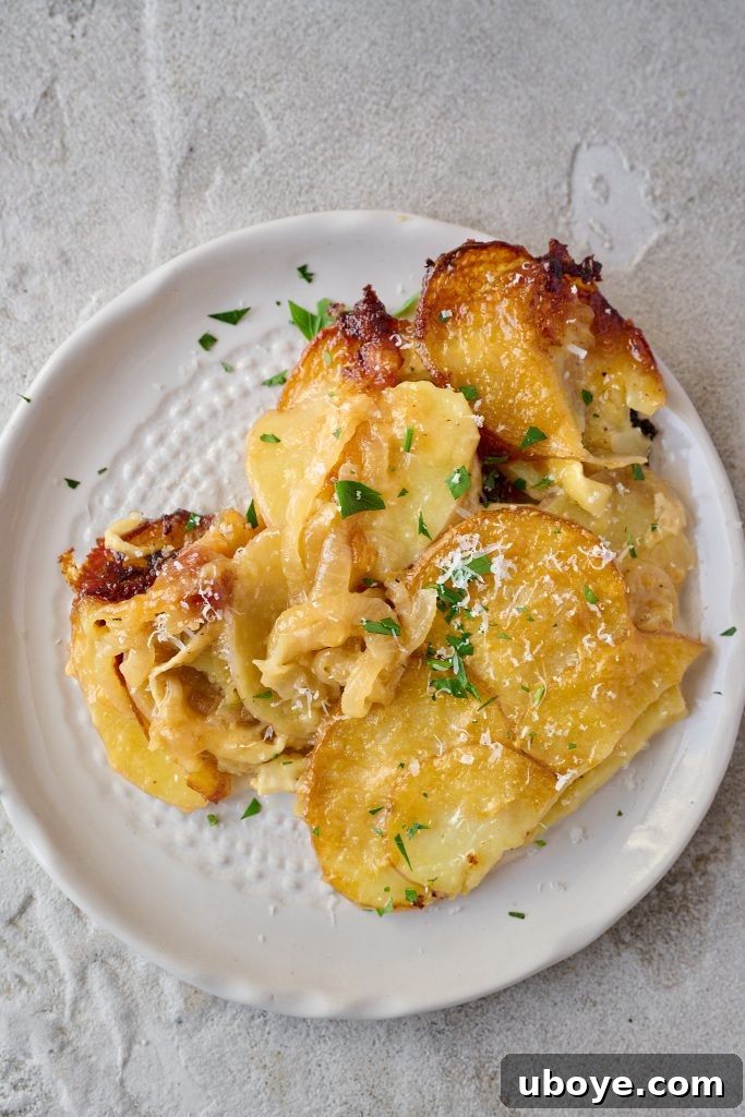 Heavenly Brie Potato Gratin 5 A slice of the potato and brie bake on a plate