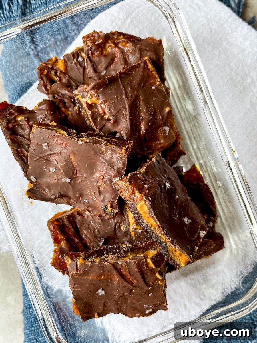 No Bake Date Bark Delight 2 Delicious homemade chocolate date bark garnished with flaky sea salt