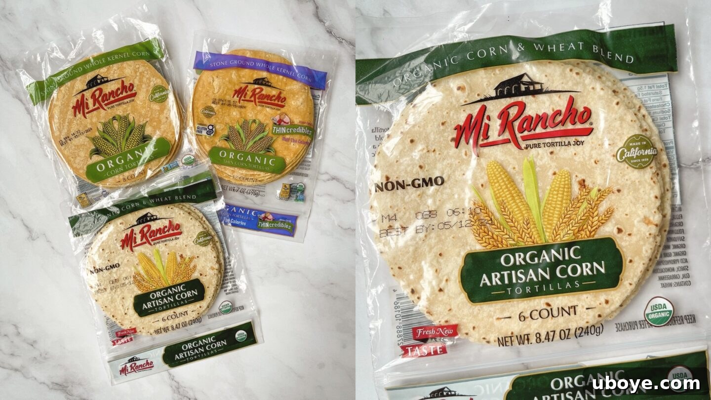 Flavor-Packed Baked Veggie Tacos 8 Assorted Mi Rancho organic tortilla packages displayed on a rustic wooden table.