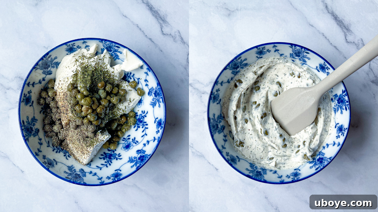 Effortless Pinwheel Creations 4 Vegan cream cheese being mixed with capers, dill, and black pepper in a bowl to create a flavorful spread