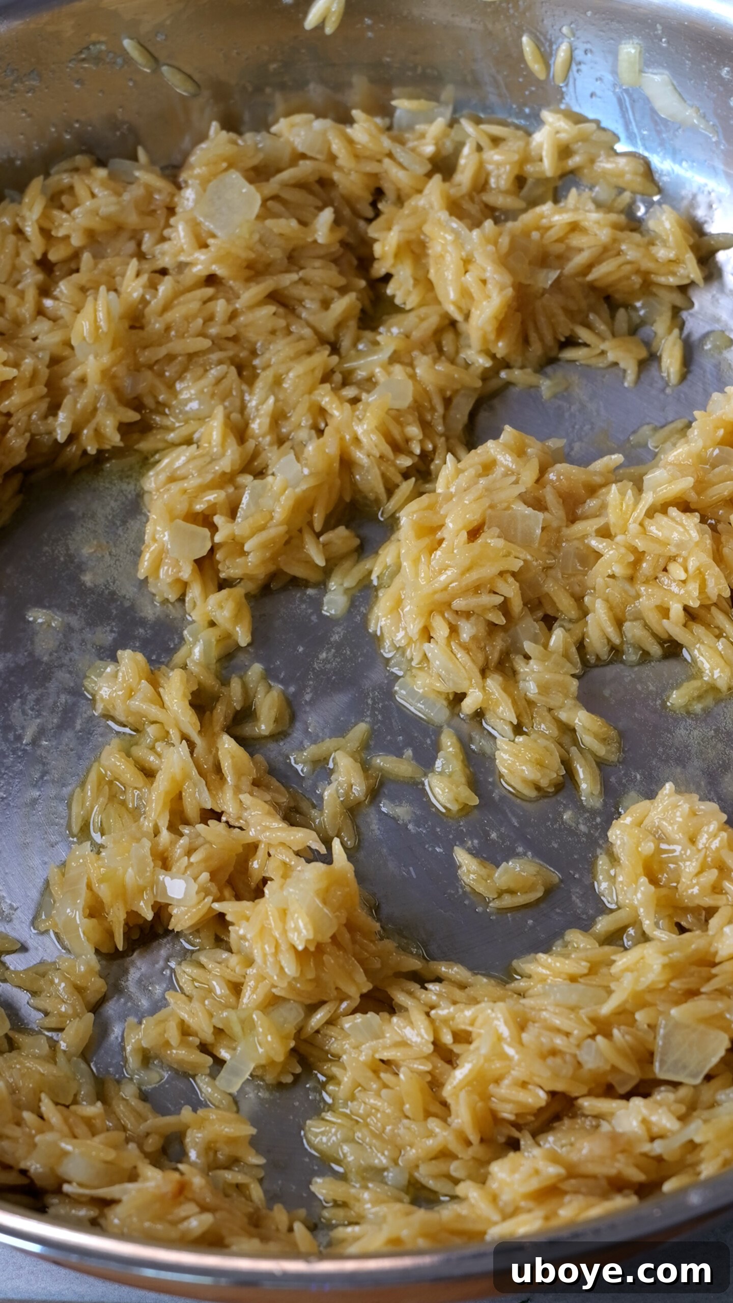 Velvety Garlic Skillet Orzo 5 Step 2 of making creamy garlic orzo: Orzo pasta is added to the fragrant garlic butter and onion mixture in the pan, then gently tossed and stirred until the small grains are lightly browned and toasted, enhancing their nutty flavor before liquid is added.