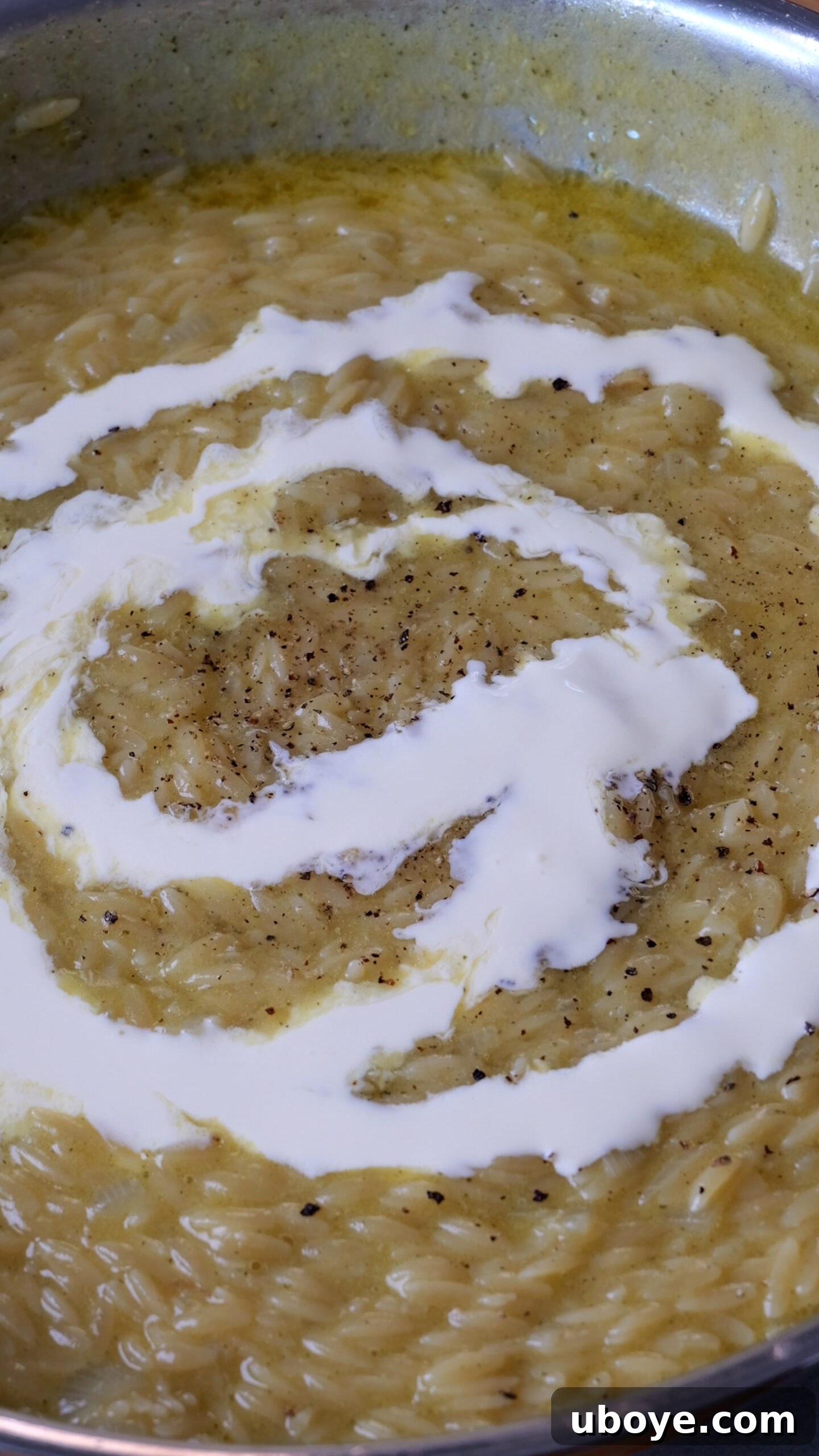 Velvety Garlic Skillet Orzo 6 Step 3 of making creamy garlic orzo: Chicken stock is poured over the toasted orzo in the pan, brought to a boil, then simmered gently until the orzo becomes al dente and most of the liquid is absorbed, creating a rich, creamy consistency.