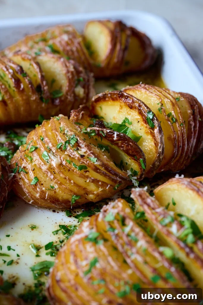 Perfectly baked garlic butter hasselback potatoes, golden and fanned out, ready to be served