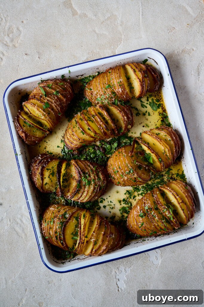 Another angle of the golden and crispy hasselback potatoes