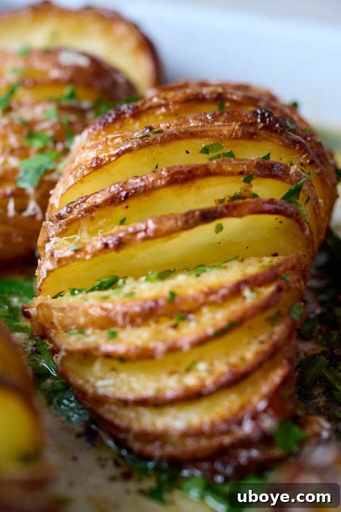 Close-up of golden crispy edges on a hasselback potato