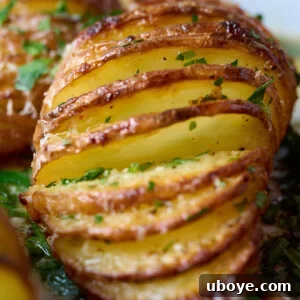 Crispy garlic butter hasselback potatoes ready to serve