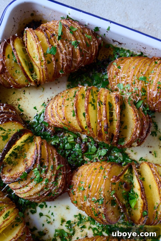 Crispy garlic butter hasselback potatoes removed from the oven