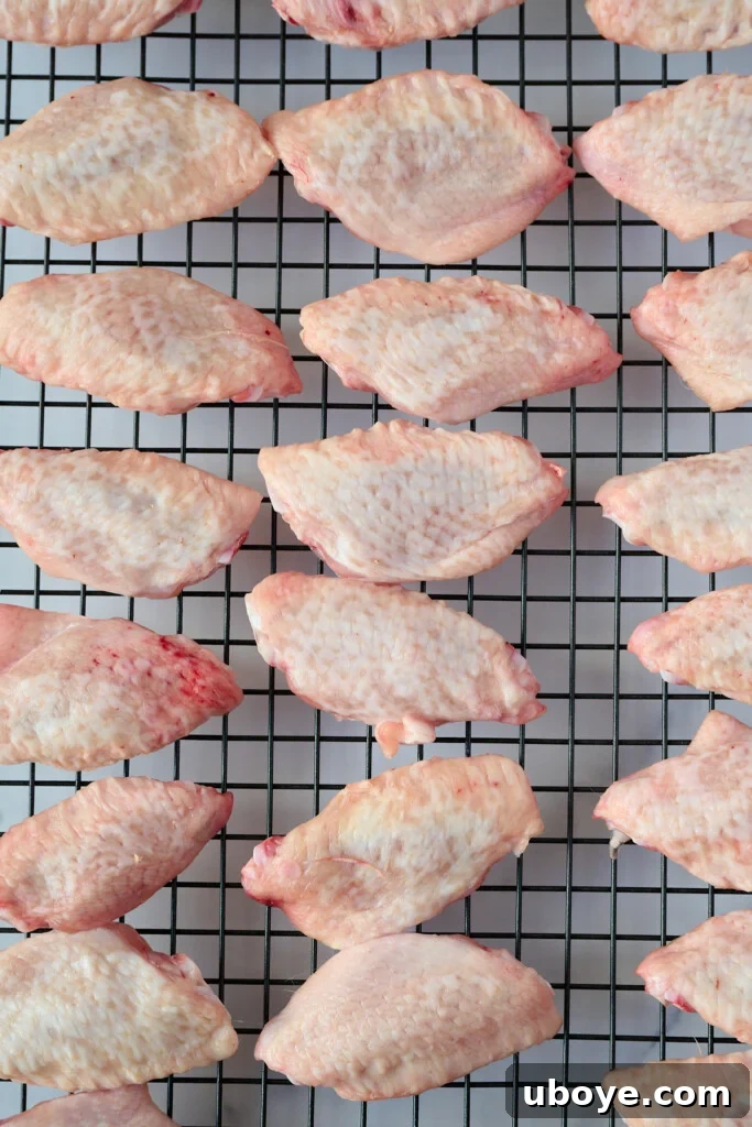 Raw uncooked chicken wings lay on wire rack