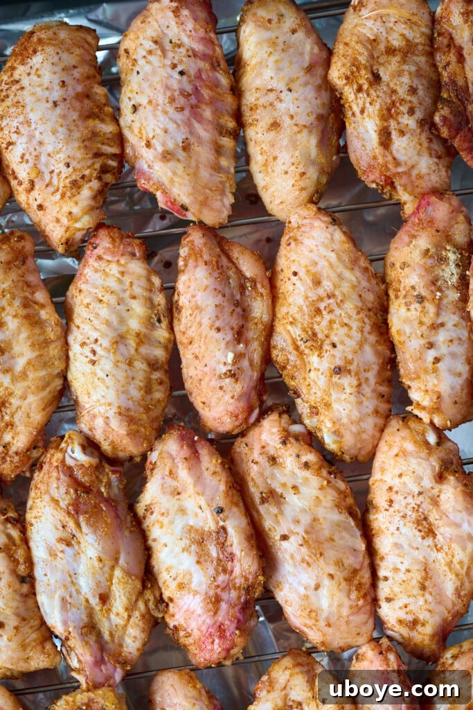 raw uncooked wings that have been seasoned lay on wire rack