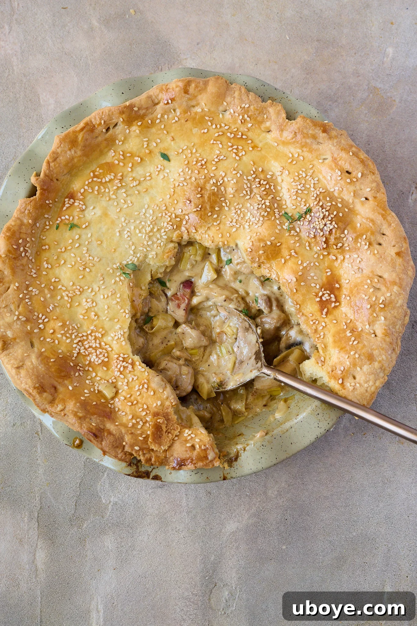 Hearty Chicken, Mushroom and Bacon Pot Pie 2 Creamy Chicken, Mushroom & Bacon Pot Pie is in green pie dish with a slice taken out of the middle and gold spoon sitting out of side.