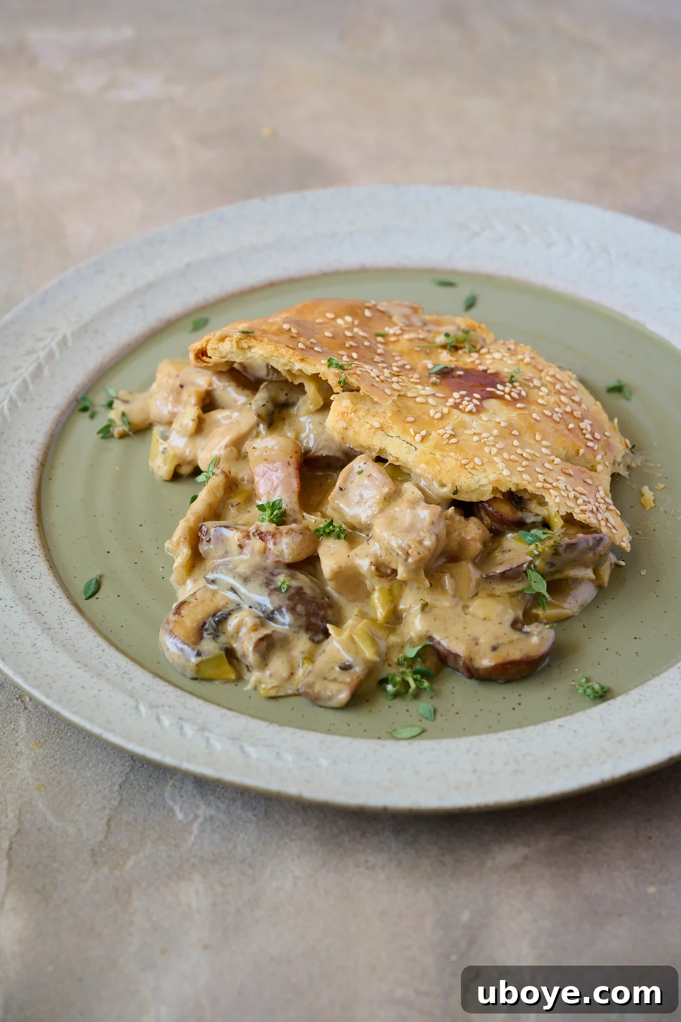 Hearty Chicken, Mushroom and Bacon Pot Pie 13 The full Creamy Chicken, Mushroom & Bacon Pot Pie in a green ceramic dish, with a slice served on a matching green plate.