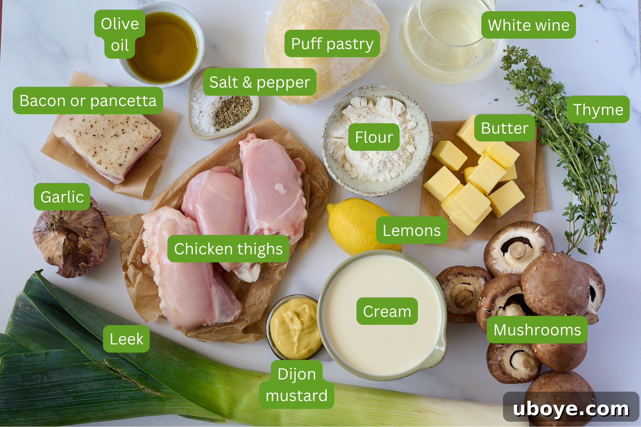 Hearty Chicken, Mushroom and Bacon Pot Pie 4 Ingredients are shown for Creamy Chicken, Mushroom & Bacon Pot Pie