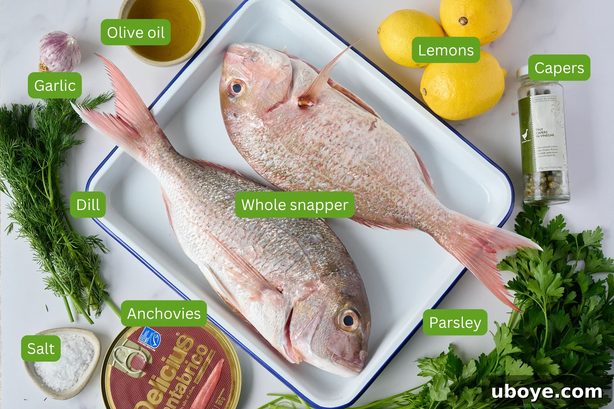 A flat lay photograph displaying all the fresh, vibrant ingredients needed for whole baked fish with salsa verde. Ingredients include a whole snapper, bright yellow lemons, briny capers, garlic cloves, a bottle of golden olive oil, fresh green dill, coarse sea salt, savory anchovies, and vibrant green parsley.
