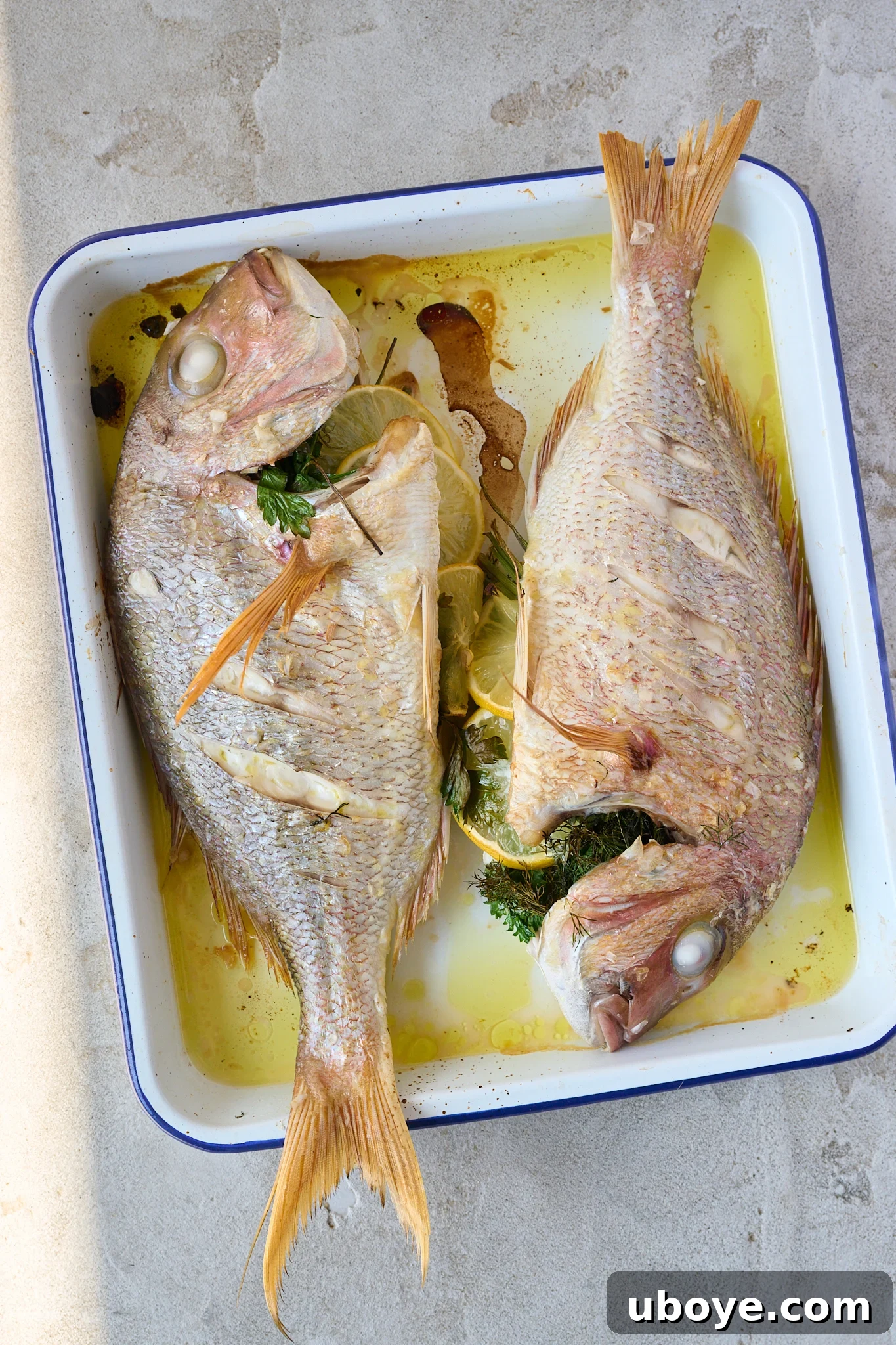 A perfectly roasted whole baked fish, cooked to a beautiful golden perfection, delicately placed on a large white platter, adorned with fresh herbs, and awaiting the vibrant salsa verde.