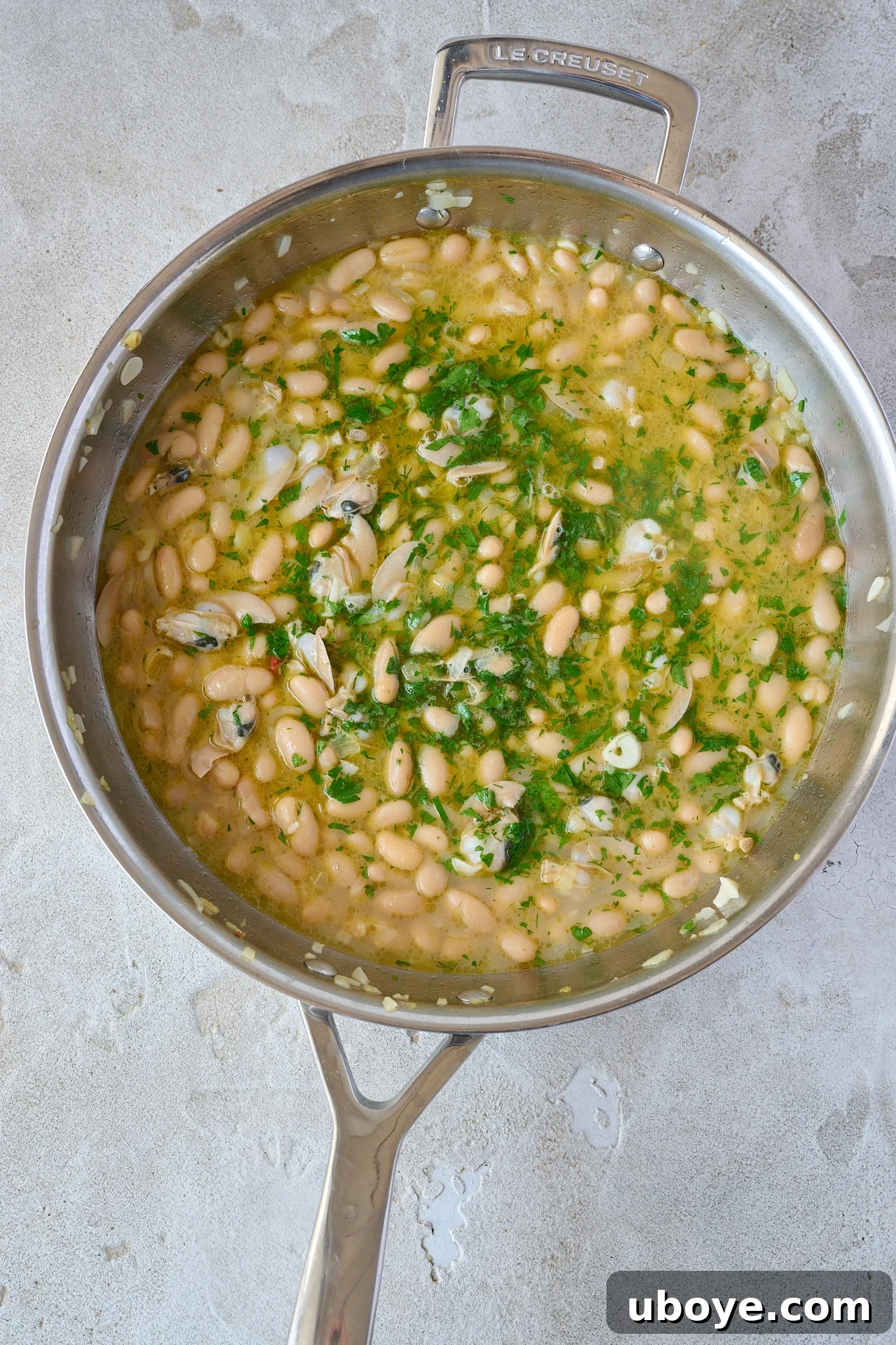 Rustic Spanish Clam and White Bean Pot 5 Large stainless steel pan with Spanish white bean and clam stew. Fresh parsley is sprinkled all over.