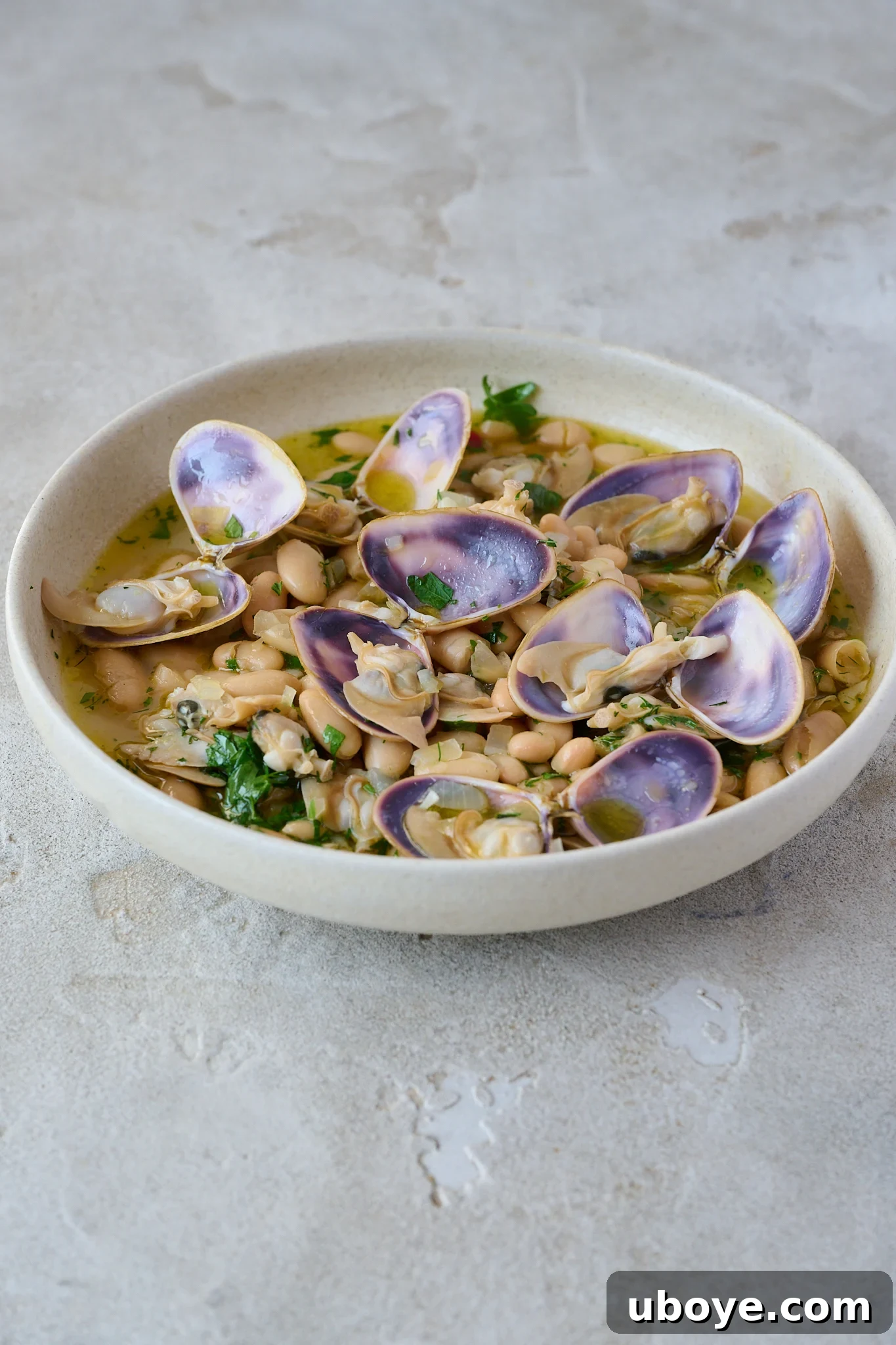 Rustic Spanish Clam and White Bean Pot 7 Large white bowl with Spanish white bean and clam stew. There are 7 clams that are opened on top with a beautiful purple shell. Fresh parsley is sprinkled all over.
