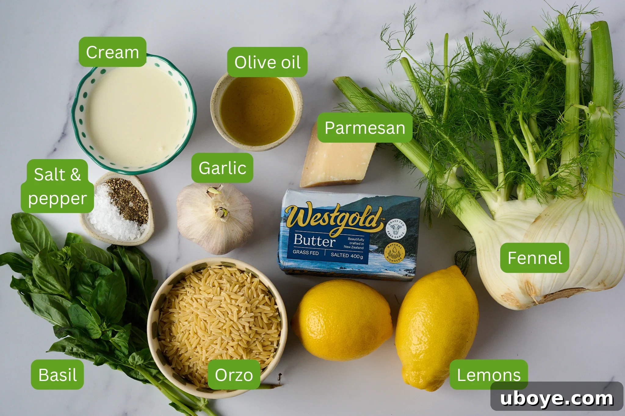 A beautiful display of fresh ingredients for Caramelized Fennel One Pot Orzo Pasta, including vibrant lemons, small orzo pasta, fresh basil, crisp fennel bulbs, creamy butter, salt and pepper, rich olive oil, and garlic cloves.