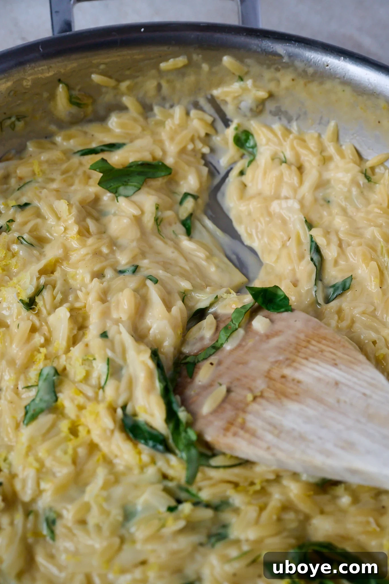Orzo pasta cooking in a creamy sauce with caramelized fennel in a large stainless steel pan, with a wooden spoon stirring.