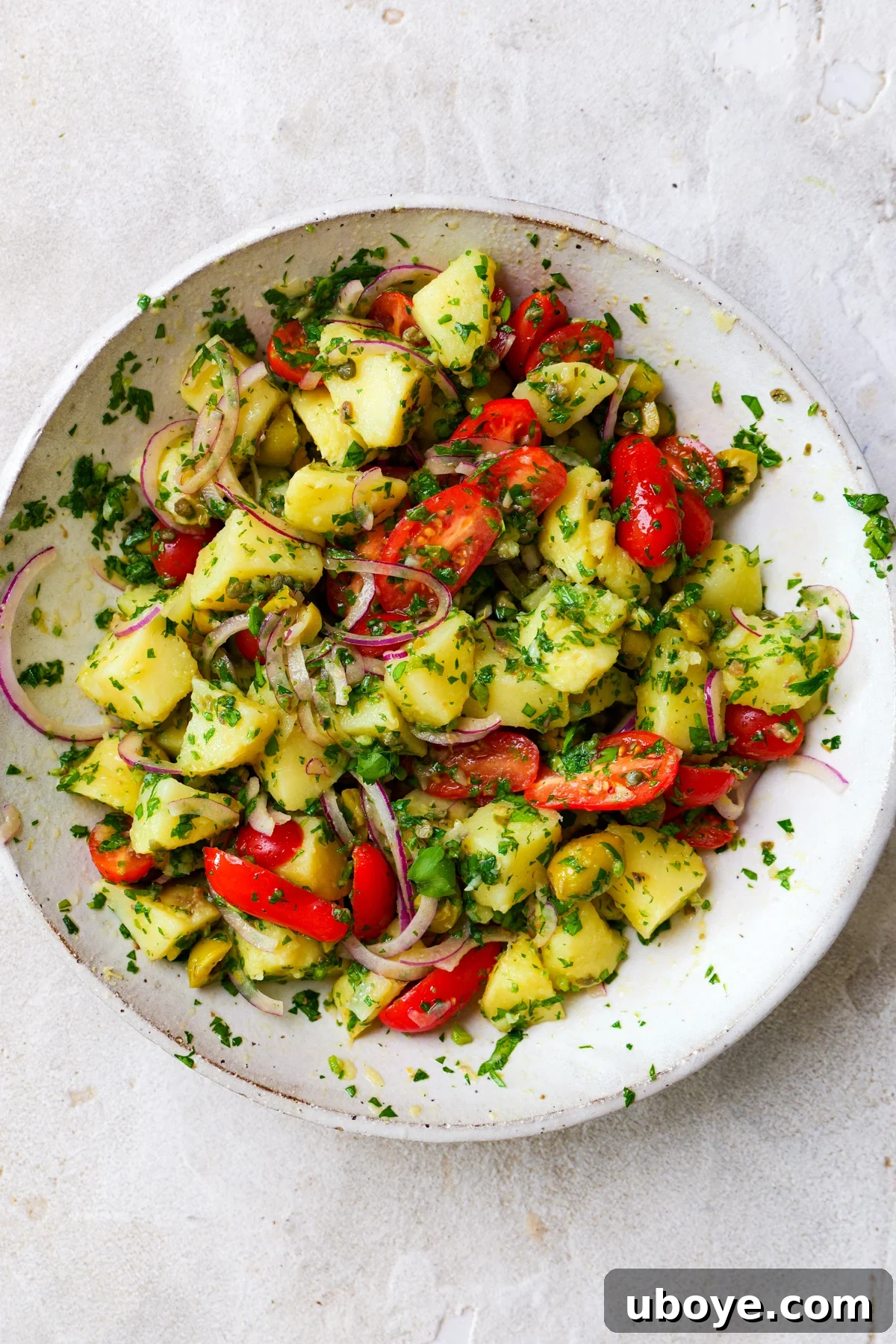 Italian-Style Potato Salad (Mayo & Dairy-Free Recipe) 2 Italian potato salad in large white bowl with lots of fresh parsley sprinkled all over.