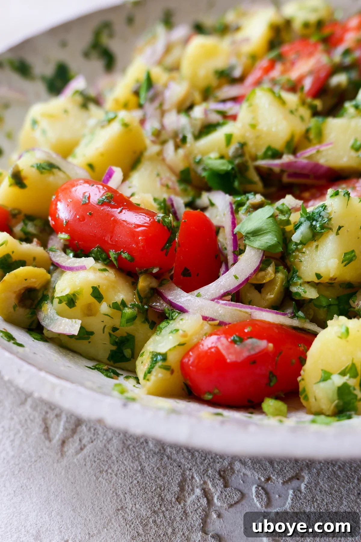 Italian-Style Potato Salad (Mayo & Dairy-Free Recipe) 7 Italian potato salad in large white bowl with lots of fresh parsley sprinkled all over.
