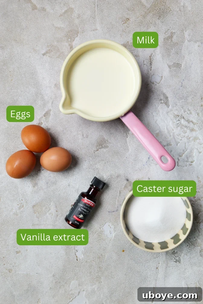 Classic Spanish Flan Recipe: Smooth Caramel Custard You’ll Love 4 Ingredients for spanish flan include caster sugar, vanilla, eggs and a pink pot filled with milk